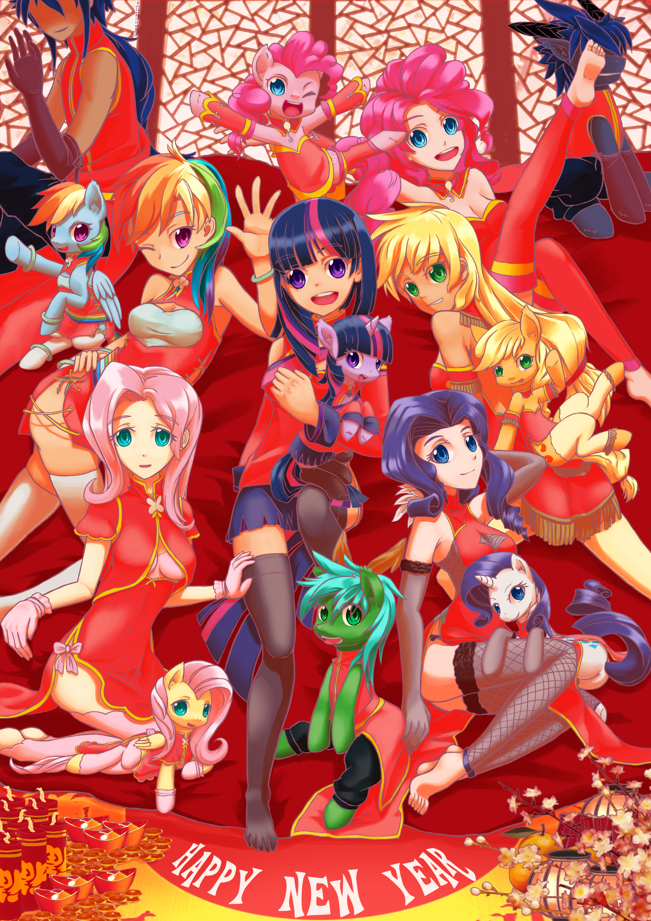 applejack, artist:arrockansate, barefoot, cheongsa